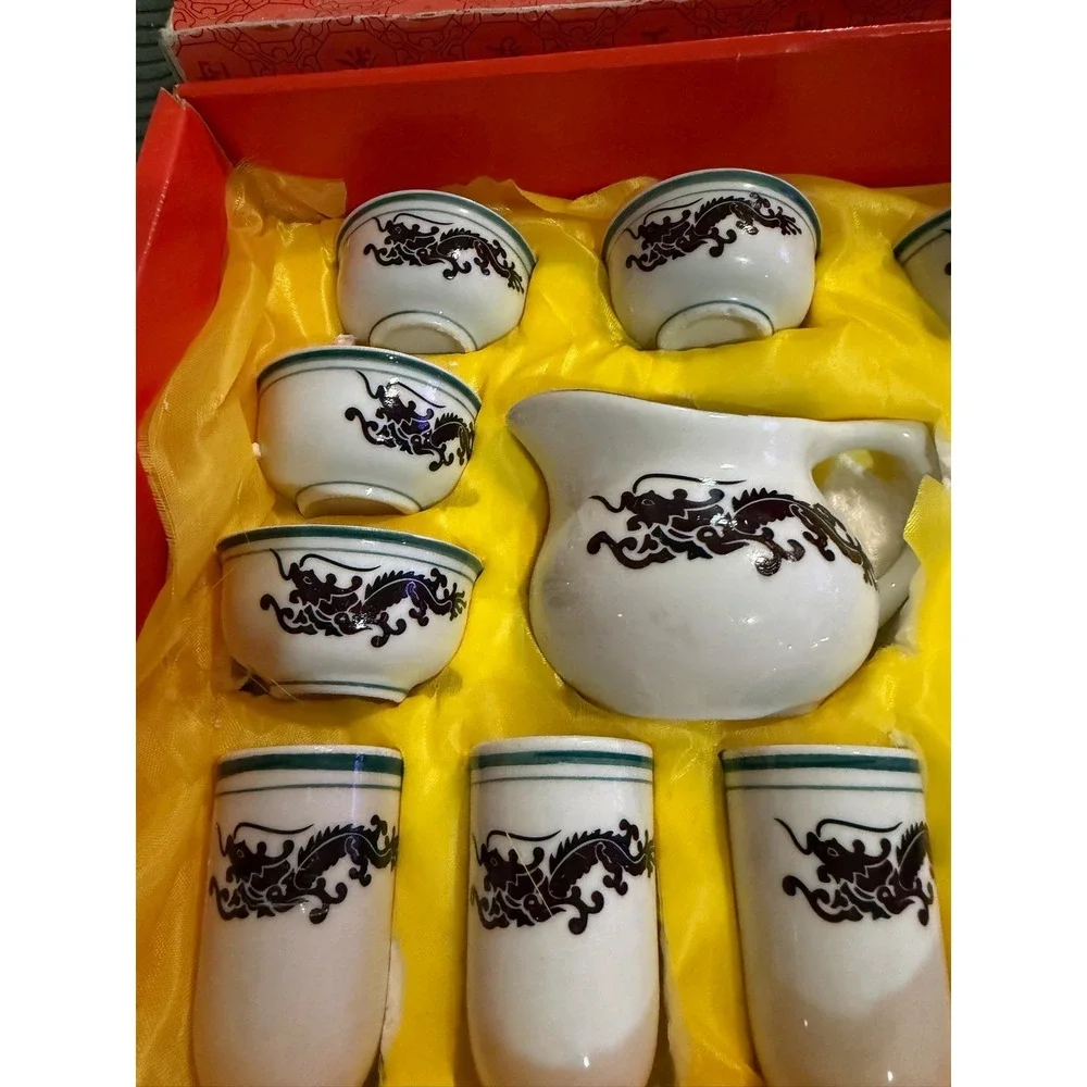 Vintage Color Changing White & Black Dragon Porcelain Tea Set With Original Box